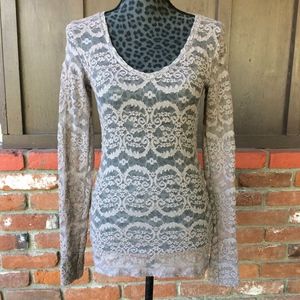 BKE Boutique Beige/Taupe Lace Long Sleeve Shirt  - Size Small